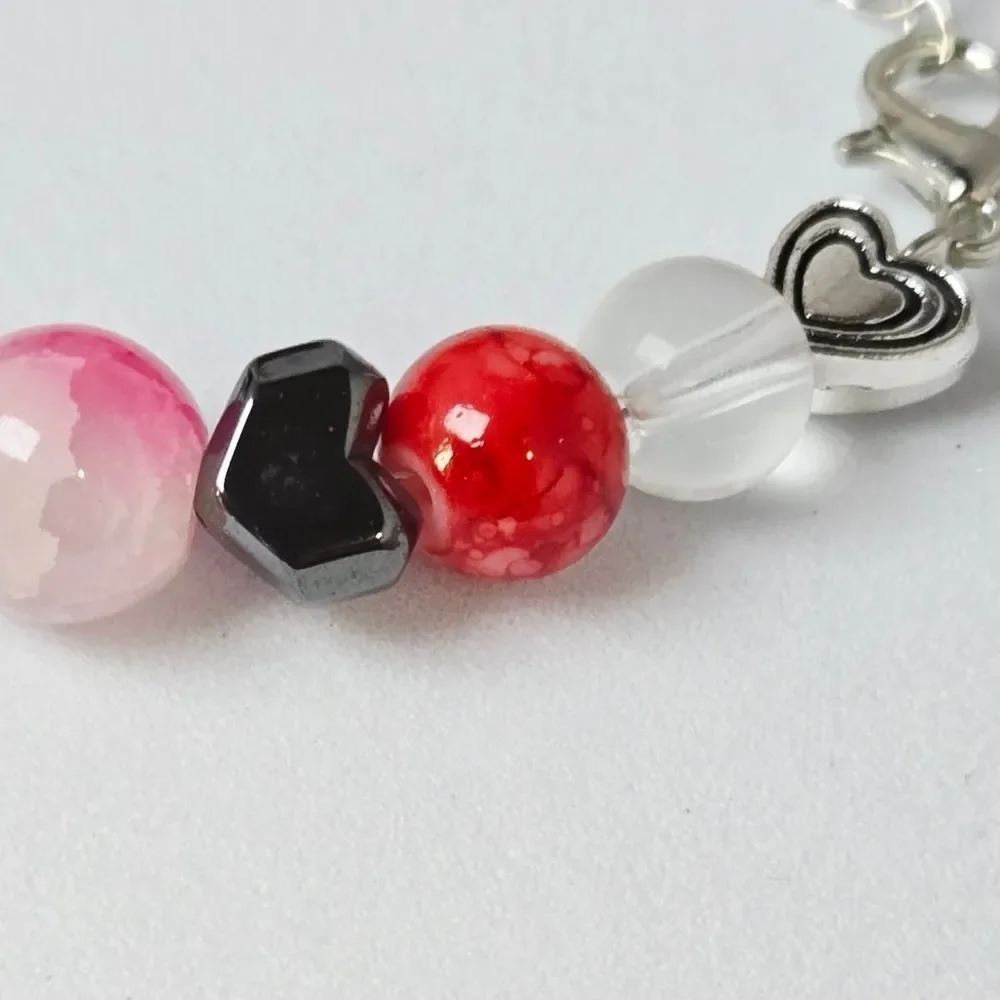 Hello Kitty Beaded Bracelet Pink Marble Resin Hematite Heart Bell Charm Kawaii